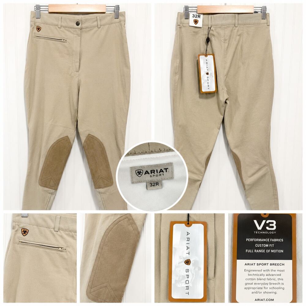 NEW Vintage Ariat Sport Breech 32R Beige Knee Patch Riding Pants V3 Equestrian